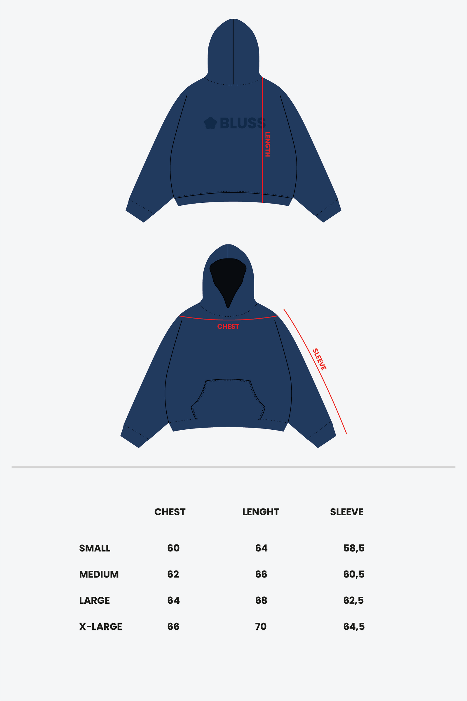Size chart - NAVY BLUE HOODIE