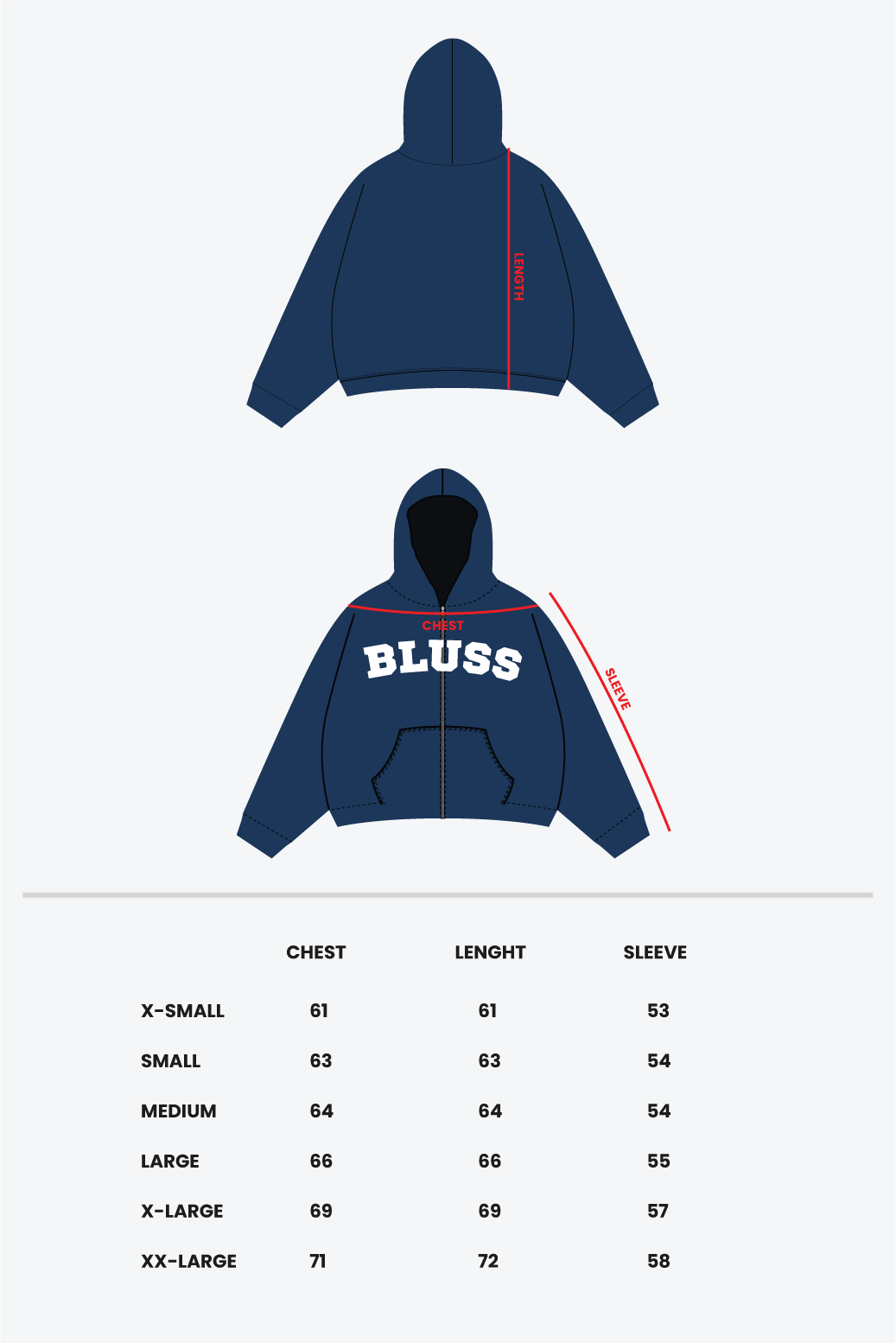 Size chart - BLUE ZIP-UP