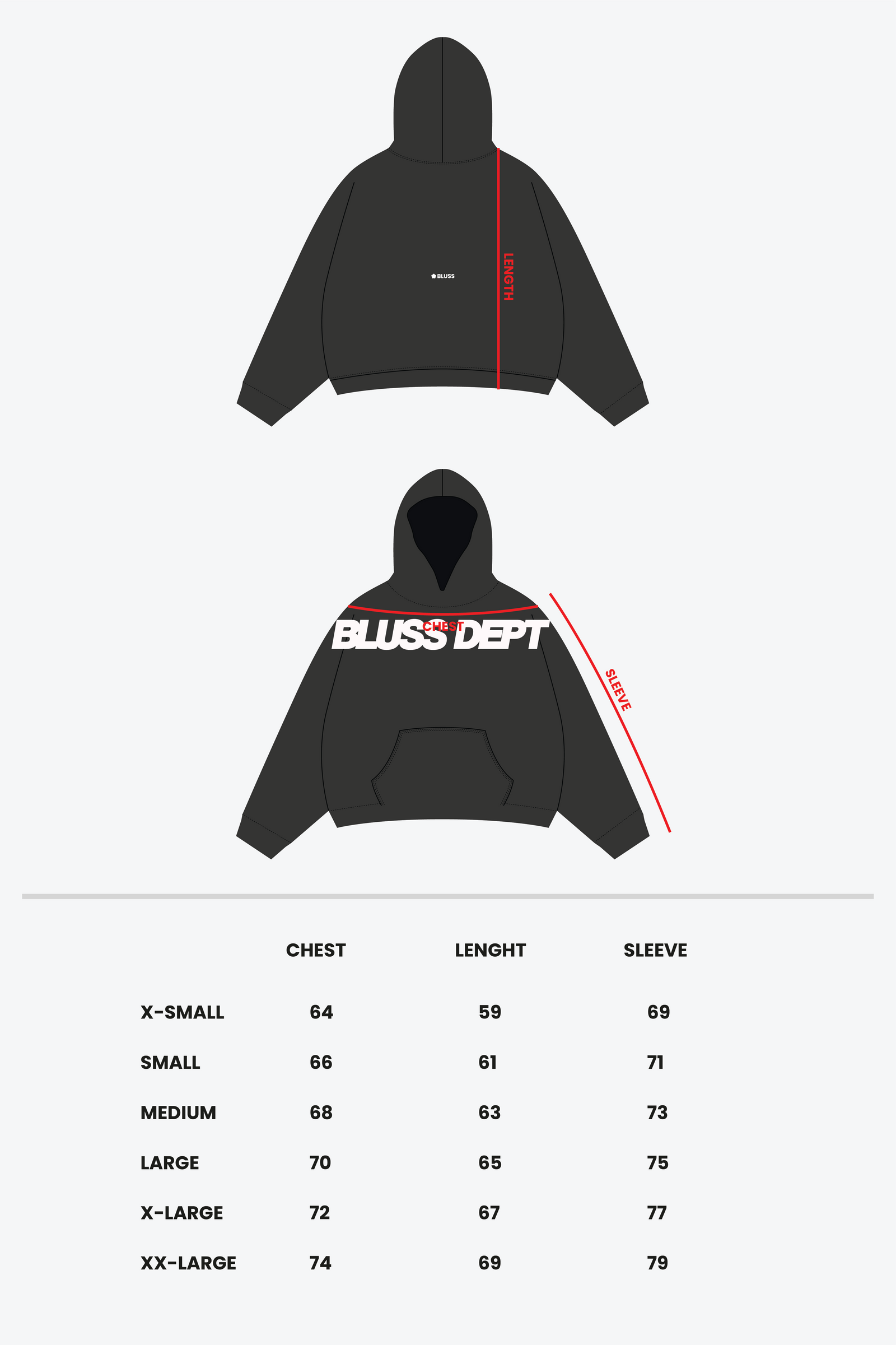 Size chart - DUSK HOODIE BLACK