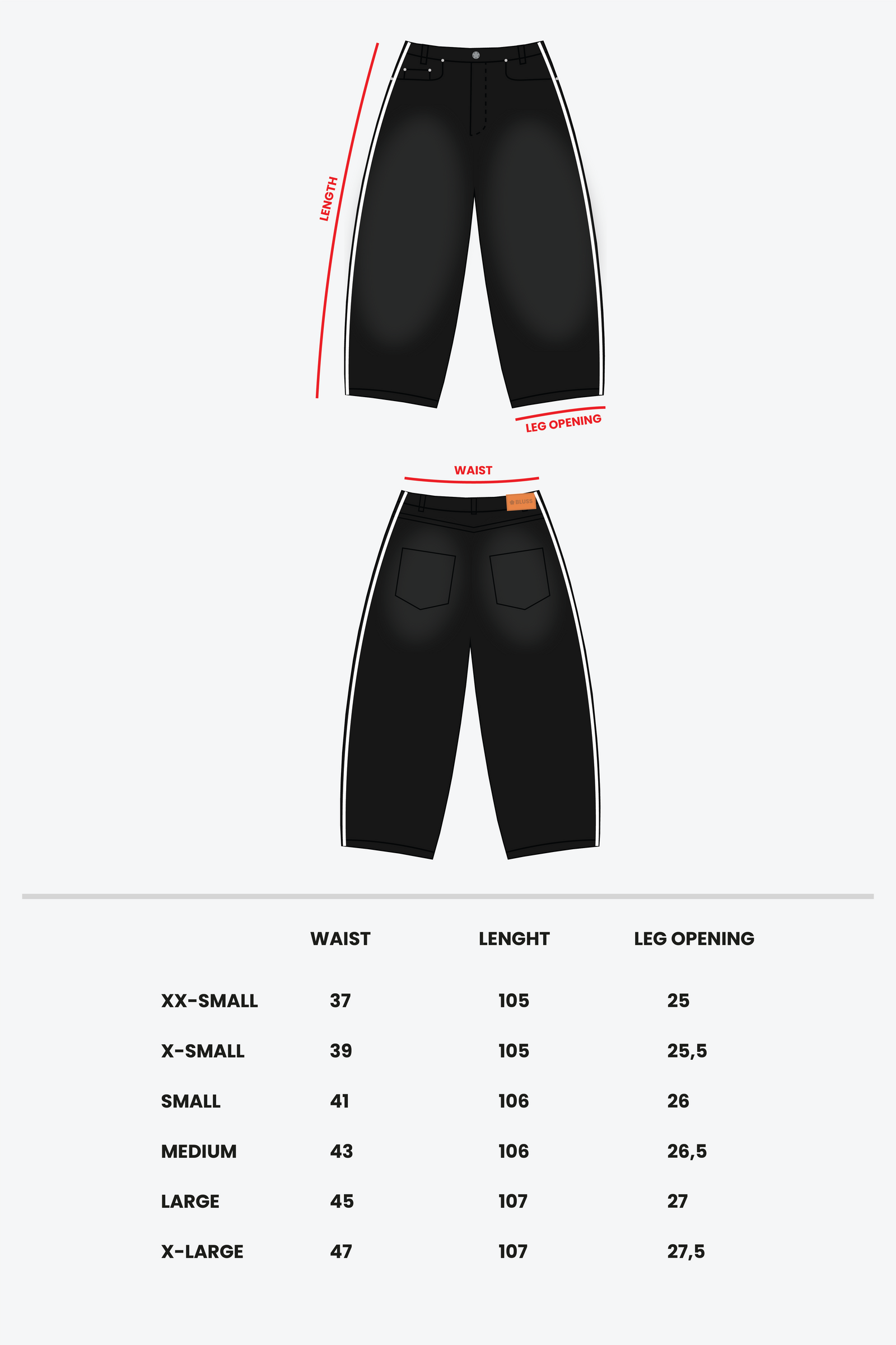 Size chart - BLACK STRIPE JEANS
