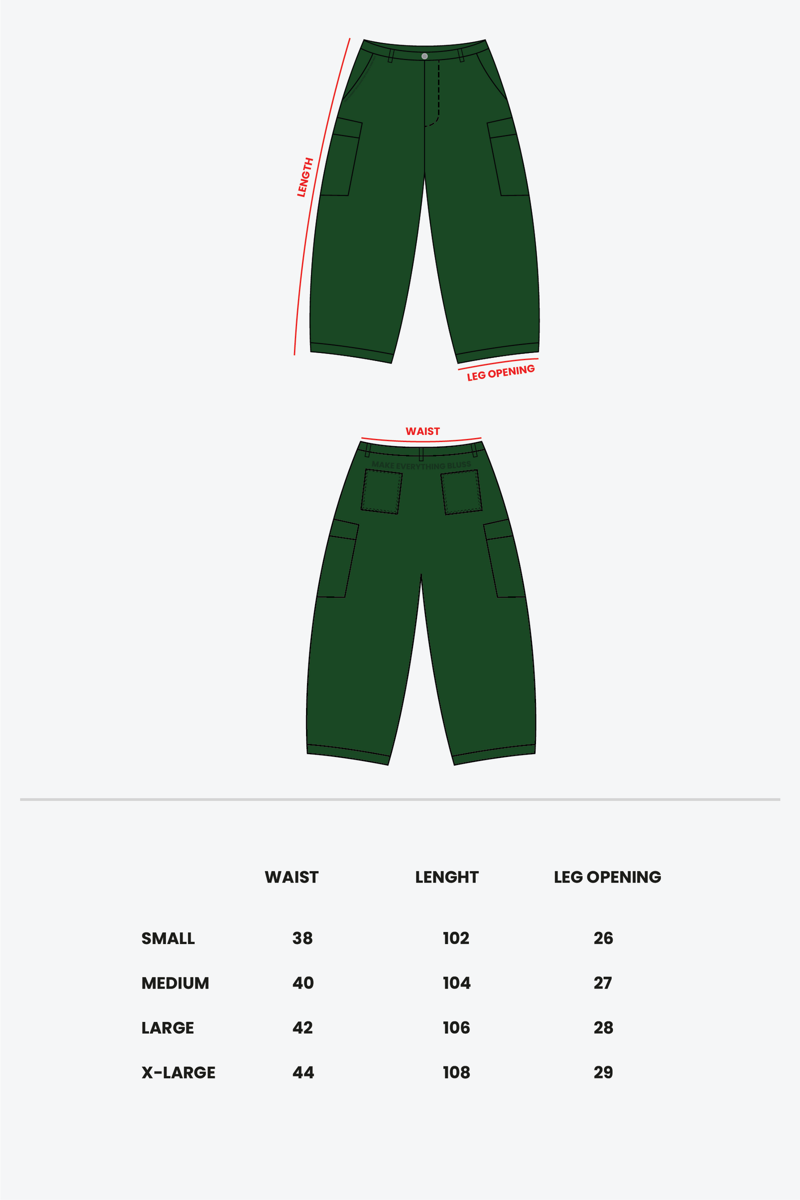 Size chart - MILITARY CARGO PANTS